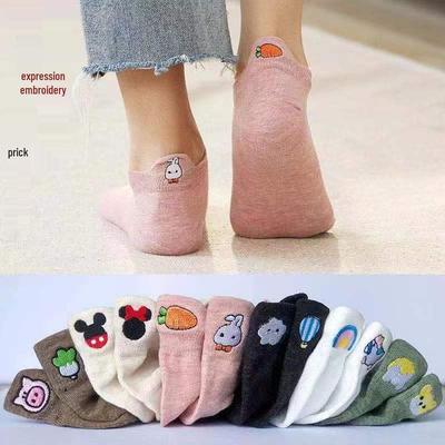 2024 Spring/Summer Women's Cute Cartoon Embroidered Cotton Socks - Casual, Breathable, Short Boat Style
