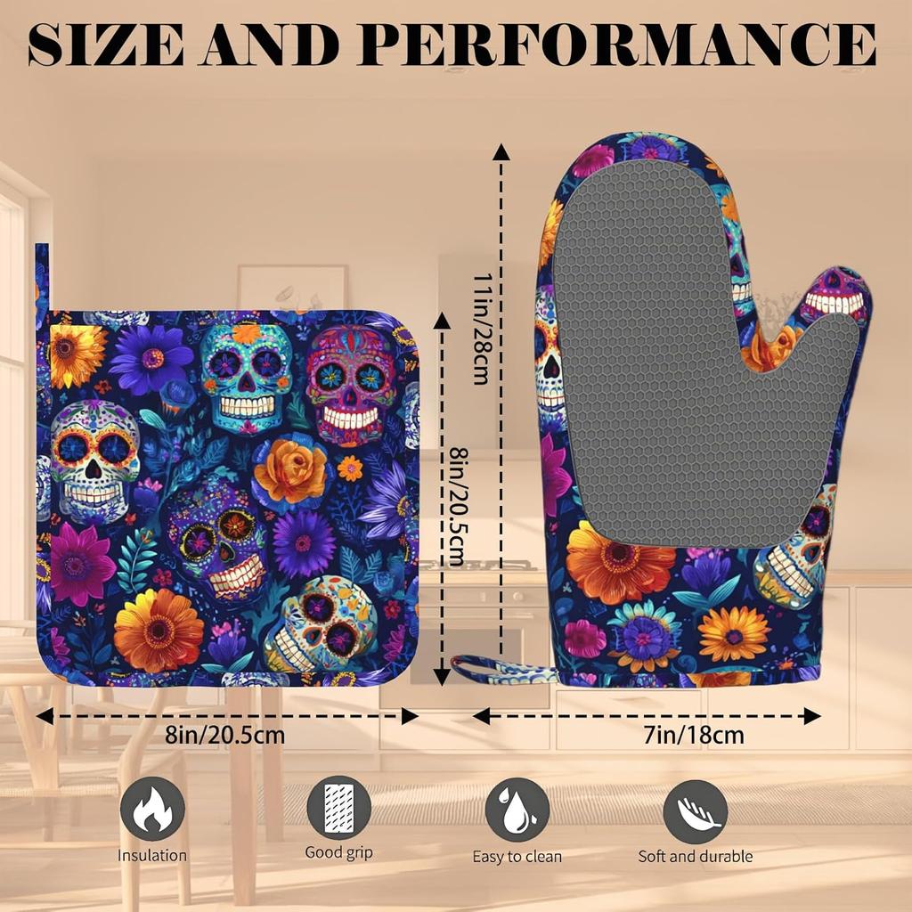 Day of The Dead Oven Mitt and Pot Holder with Silicone Heat Resistant Kitchen for Cooking BBQ Baking Grilling Cooking Protection