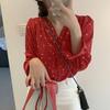 Korean Heart Print Chiffon V-Neck Retro Top - Spring/Autumn Fashion for Women