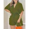 Solid V Neck Romper, Elegant Short Sleeve Shirred Waist Jumpsuit For Spring & Summer, Women's Clothing