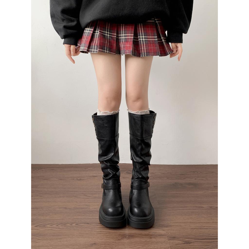 Retro Black Premium Platform Boots Women's Boots 2025 New Autumn Skinny Maillard Knight Boots