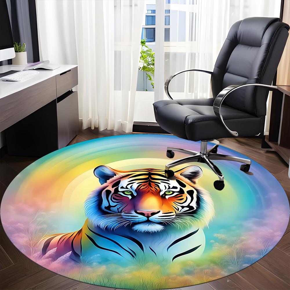1pc Rainbow Tiger Print Chair Carpet for Office, Round Polyester Mat, Indoor Decor for Office, Washable Non-slip Carpet Yy251219067