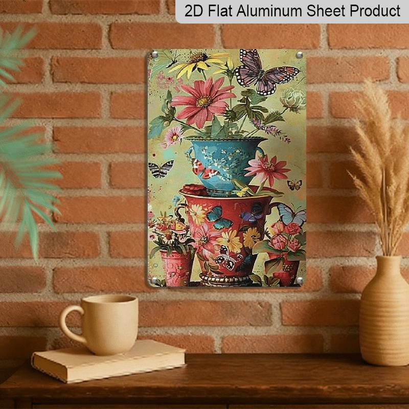 2D Flat Vintage Metal Wall Sign Suitable for Home, Office, Bar, Cafe - Rustic Aluminium Floral & Butterfly Film Carved Panel, 8x12 Inch