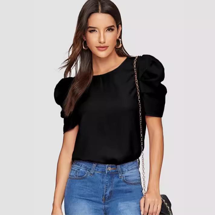 Damen 2024 Slim Einfarbiges Laternenärmel-Top