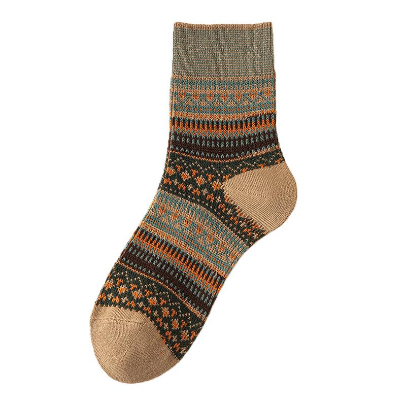 Women's Pair Mid-calf Socks, Retro Ethnic Style Women's Socks, Autumn and Winter Coffee-colored Long Socks