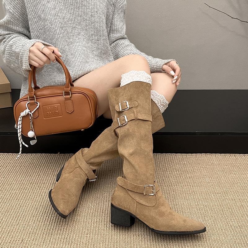 Pointed Boots Children Thick Heel Thin Pleated Piled Boots Women's 2025 Spring and Autumn Khaki Suede But Knee Boots
