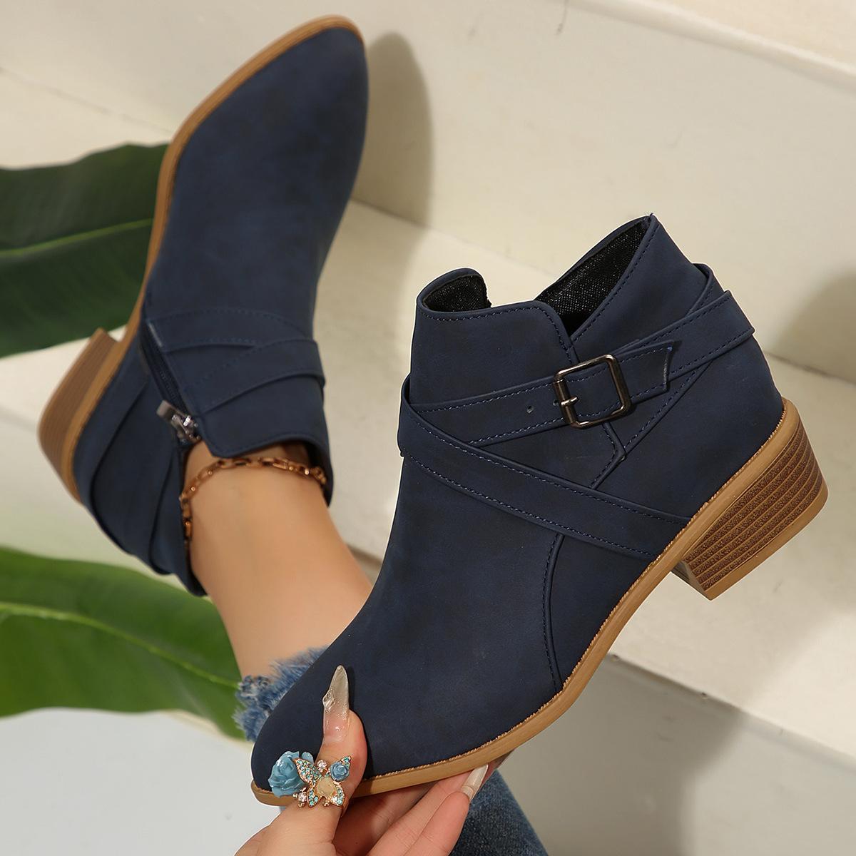 

Осень-зима 2025 новая европейская и американская внешнеторговля большой размер острый носок квадратный каблук боковая молния модные и удобные короткие ботинки 43 темно-синий