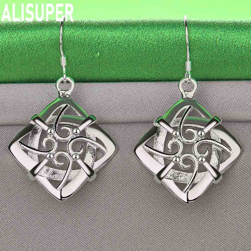 925 Sterling Silver Square Geometric Pendant Piercing Earrings Fashion Charm Wedding Jewelry