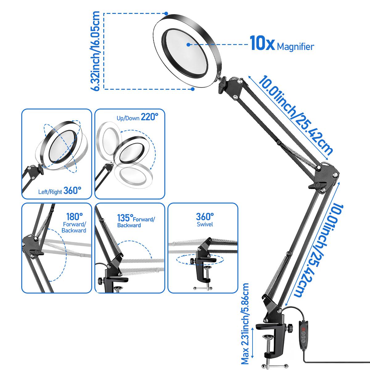 10x Vergrootglas met Licht en Standaard, met 72 LED-Verlichting en 3 Kleurmodi Lamp Verlicht Vergrootglas, voor Dichtbij Werk 10X
