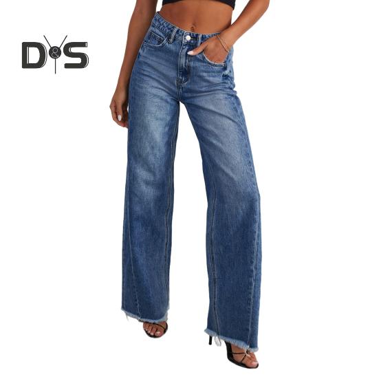 Damen Stretch-Jeanshose mit hoher Taille und weitem Bein, lässige Jeanshose mit geradem Bein, ausgefranstem Saum und Taschen