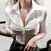 Korean White Cropped Slimming Long Sleeve Shirt for Women