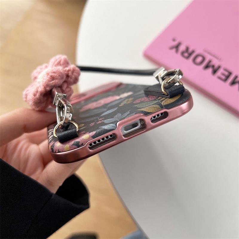 Fashion Retro Chrysanthemum Phone Case For iPhone 13 15 14 16 17 Pro Max Wrist Strap Cover Shockproof Funda