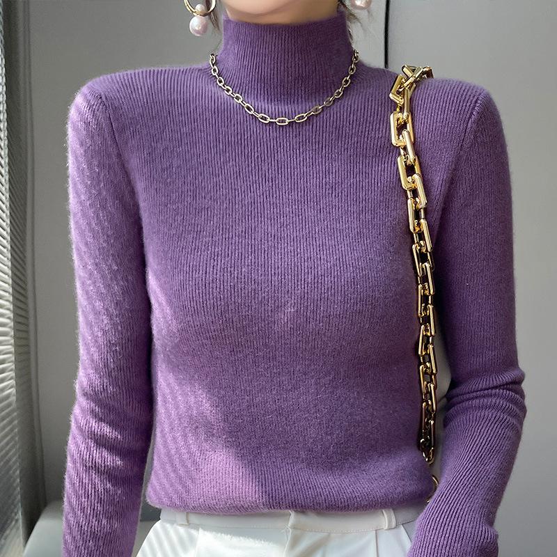 Women's Slim-Fit Semi-High Neck Long Sleeve Knitwear Pullover for Autumn and Winter
