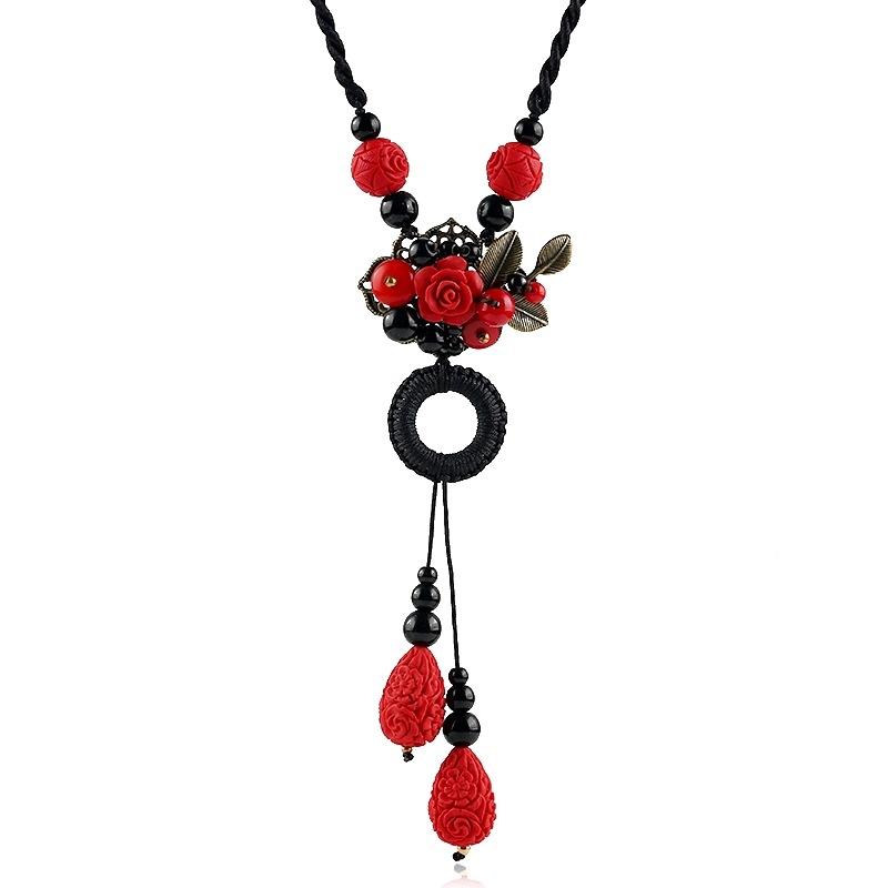 Handmade retro cinnabar flower necklace sweater chain long female temperament classical earrings set with accessories