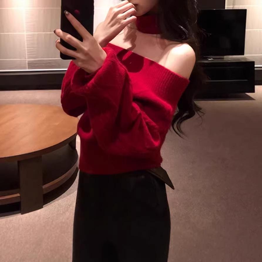 2026 Women's Elegant Slim Fit One-Shoulder Cable Knit Sweater - French Retro, Soft Texture, Christmas Edition