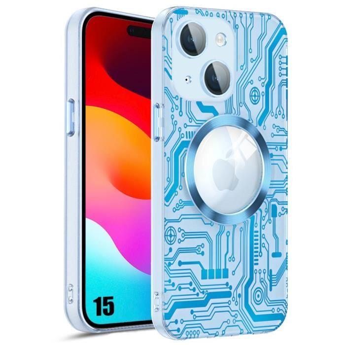 Coque pour iPhone 15 - Translucide Bleu - Antichoc - Verre Trempé - Charge Magnétique