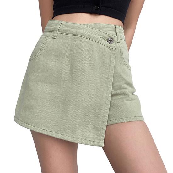 Mini jeansowa spódniczka szorty damskie-line fałszywe dwuczęściowe wysokiej talii kontrola brzucha Slim Vintage lato asymetryczne szorty studenckie Streetwear