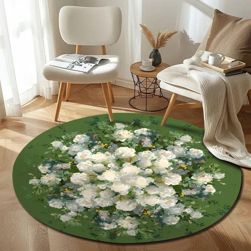 Statement Round Roses Green Floor Rug, Non-Slip Floor Mat for Hallway