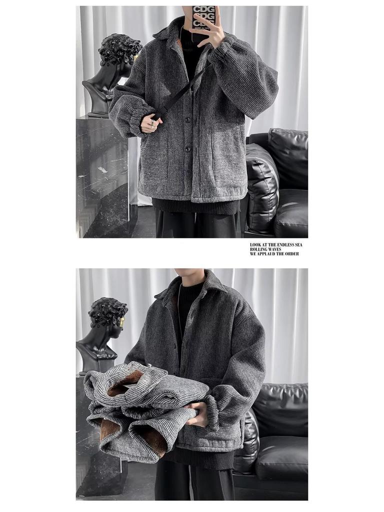 Men's Stylish Woolen Cotton Jacket - Autumn/Winter Velvet Warm, Korean Trend, Couples, Thick and Casual.