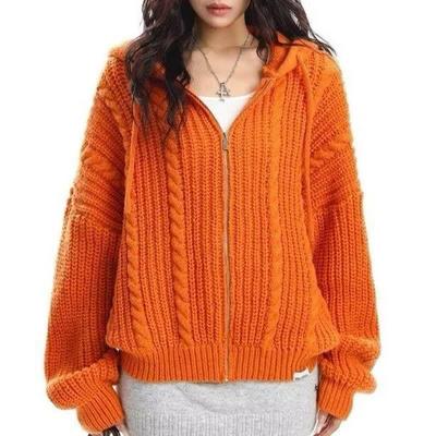 Amerikaanse Casual Kabel Gebreide Hoodie voor Dames - 2025 Lente/Herfst Trendy Losse Pasvorm Jas