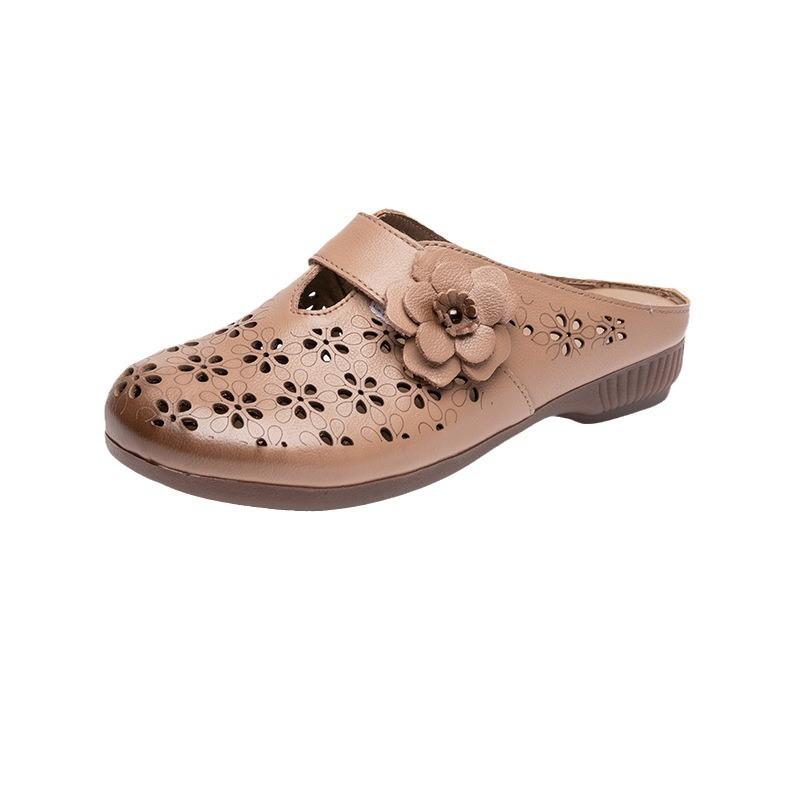 Summer Hollow Bag Head Slippers Women Wear Beef Tendon Flat Bottom Medium and Old Retro Mother Shoes Genuine Leather Cool Slippers