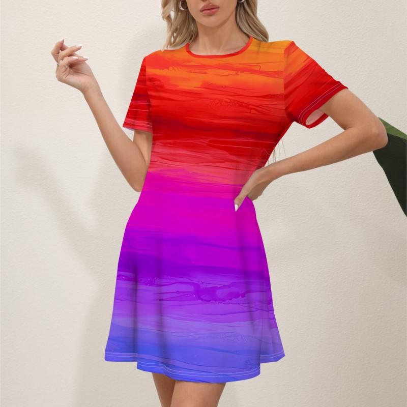 2024 Summer Latest Women's Fashion Print Street Trend Round Neck Sweet and Fresh Flowers Solid Colors Suitable for Beach Dresses