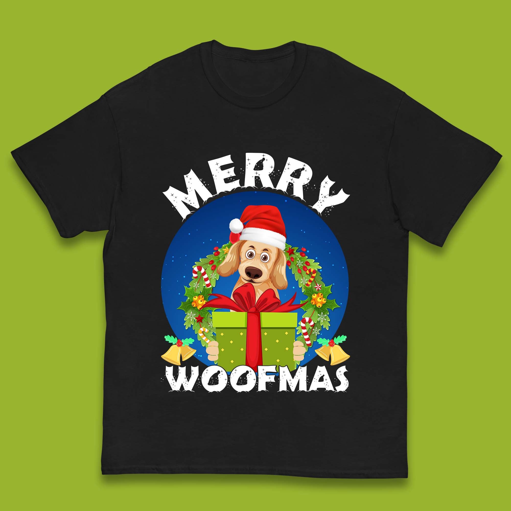 Merry Woofmas Christmas Kids T Shirt Golden Retriever Dog Top 100