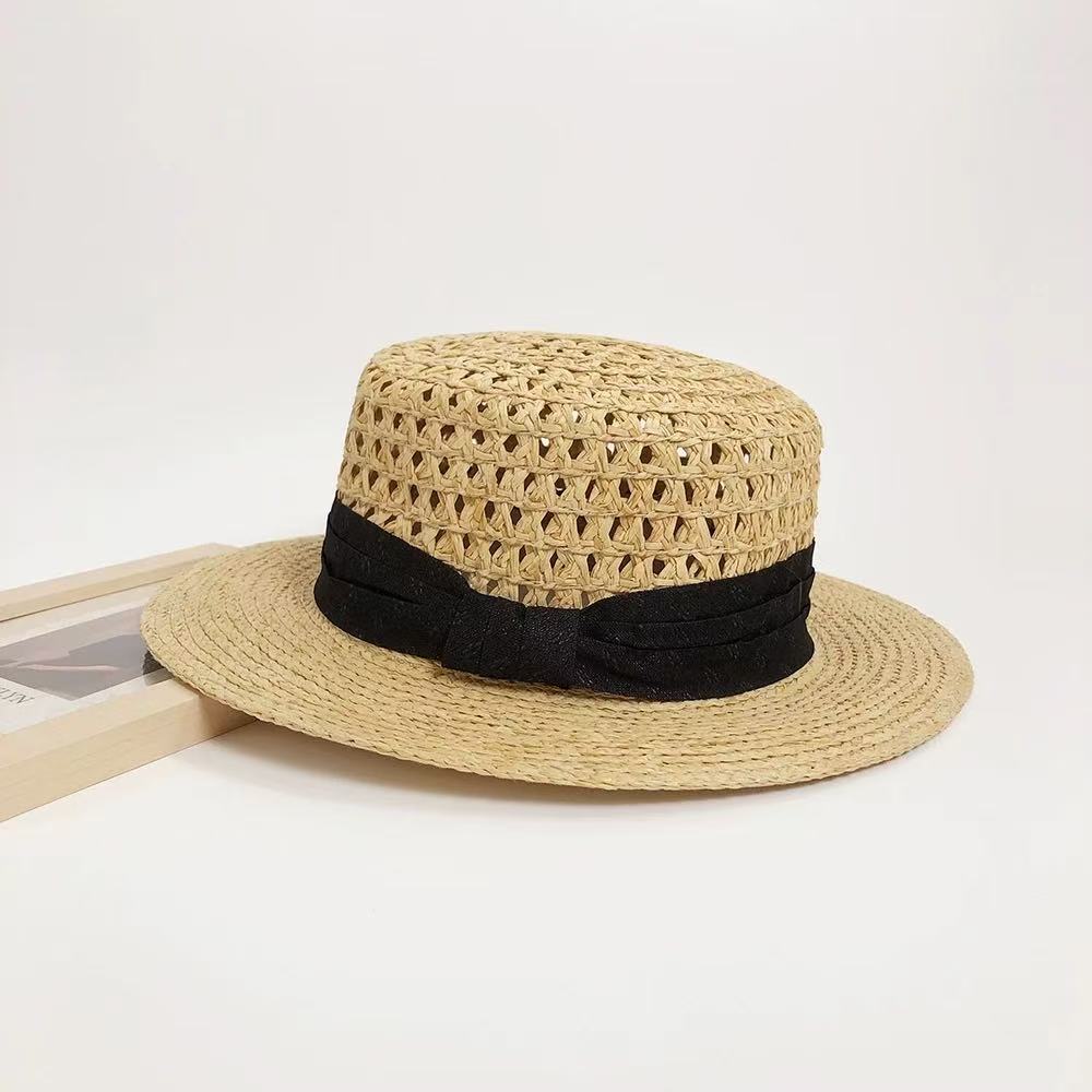 

New Summer Hollow Flat Straw Hat - Three Foldable Raffia Sun Hat, Wide Brim Frayed Beach Cap for Women 56-58cm