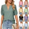 Women's Fashion Casual V Neck Bubble Short Sleeved T-shirt Hollow OutTop