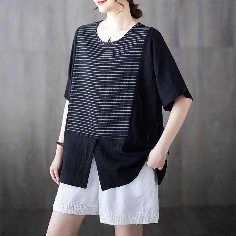 Large Size Middle-aged Mother's Summer Outfit New Striped Short-sleeved T-shirt for Women Fat Mm Top