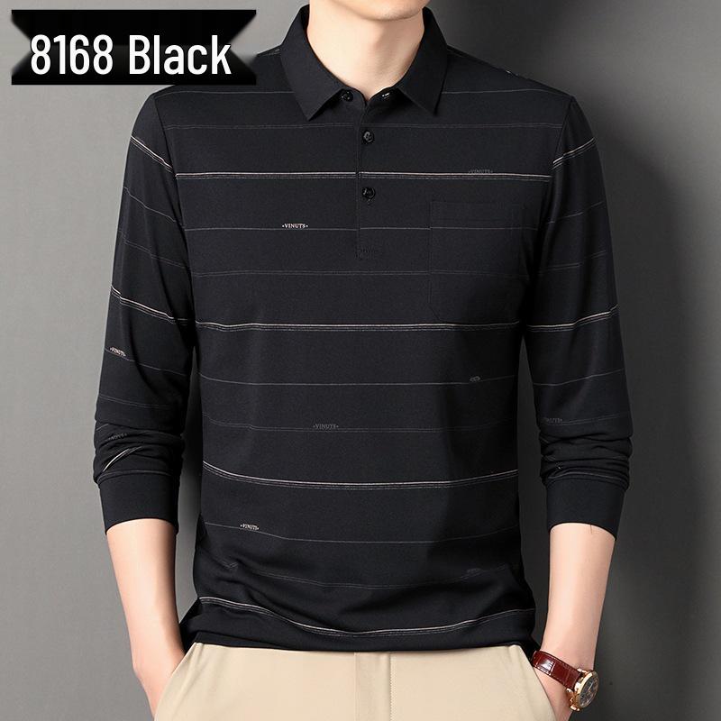 Men's Striped Autumn Cotton Polo - Long Sleeve, Turn-Down Collar, Breathable, Casual Business Shirt