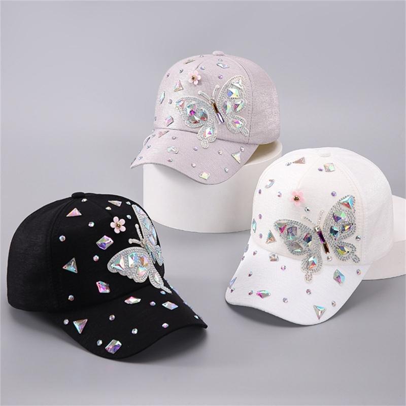 Stylish Rhinestones Baseball Hat for Women with Blingbling Butterfly Design and Sun Protective Duckbill for Everyday Wear