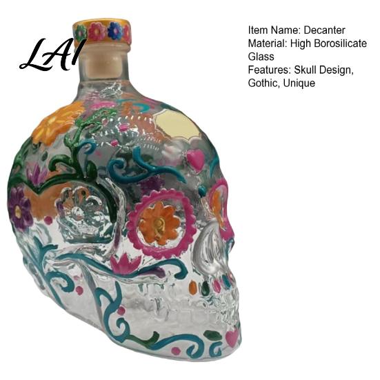 Decorative Skull Container Gothic Decanter Hand Painted Glass Liquor Bottle with Floral Room Decoration Design 3D Carved Wine Dispenser for