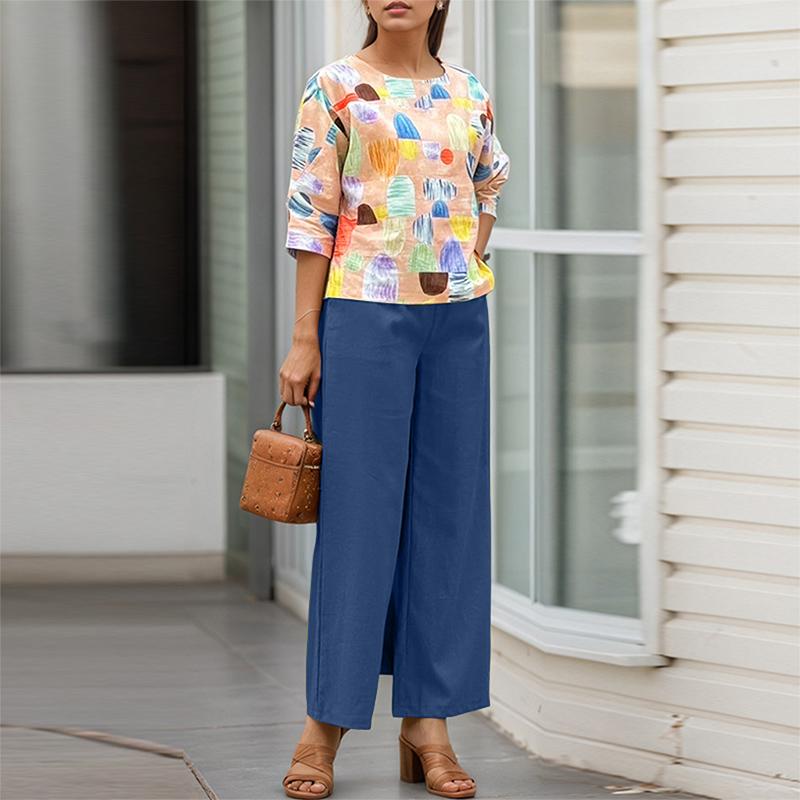 ZANZEA Women 3/4 Sleeve Print Blouse and Pants Casual Two Piece Suit Sets