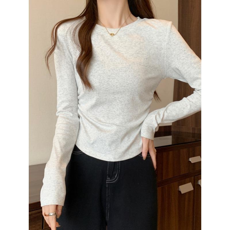 Simple slim-fitting and thin T-shirt top, spring pleated card waist long-sleeved women's inner bottoming shirt