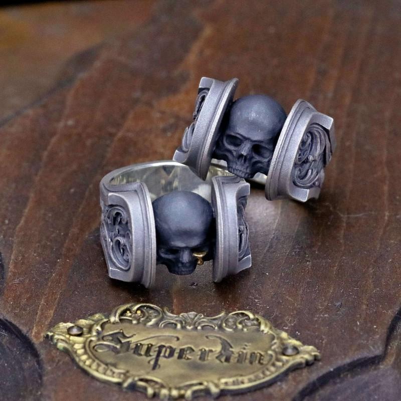 Adjustable Open Ring With Engraved Skull Motif In Antique Finish Sterling Unisex Vintage Gothic Jewelry