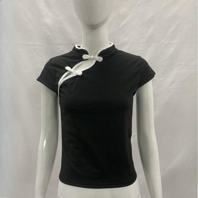 European and American summer retro Chinese style niche buckle women's slim fit cheongsam collar top