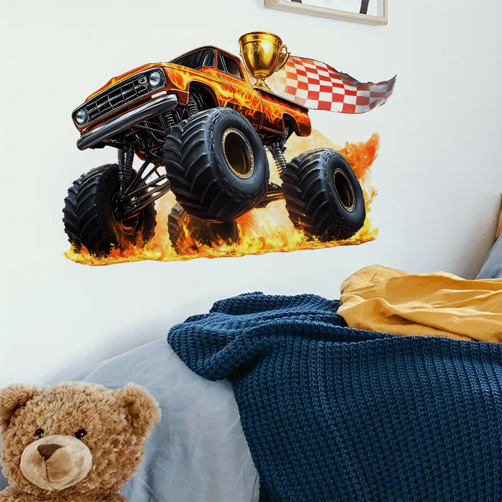 Wild Flaming Racing Car Trophy Wall Sticker Kids Room Decor Self-Adhesive Home Decoration