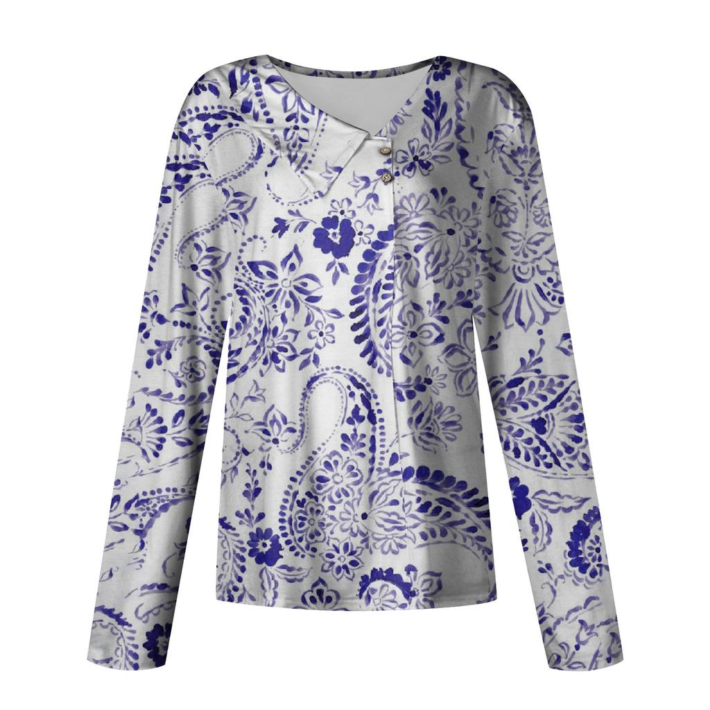 Women's Casual Fashion Printed Long Sleeve Lapel V Neck Button Pullover Top