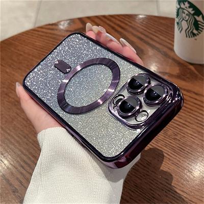 לאייפון 15 פרו מקס יוקרה Magsafe מסגרת ציפוי מרובע מגנטי שיפוע גליטר כיסוי טלפון לאייפון 11 12 13 14 15 פלוס כיסוי
