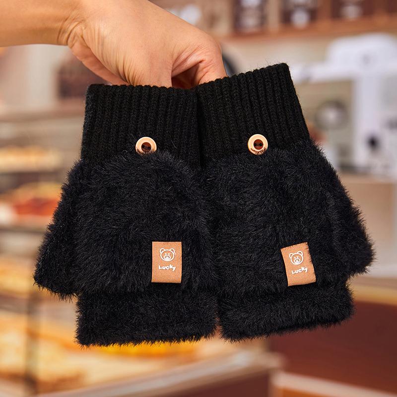 Korean Knitted Flip Up Dual Purpose Gloves for Women Cute Bear Skin Friendly Soft Warm Warm Gloves Office Writing Student Gloves