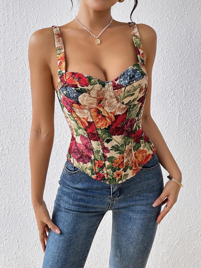 European & American Retro Floral Camisole: French Slim-fit Bustier Corset