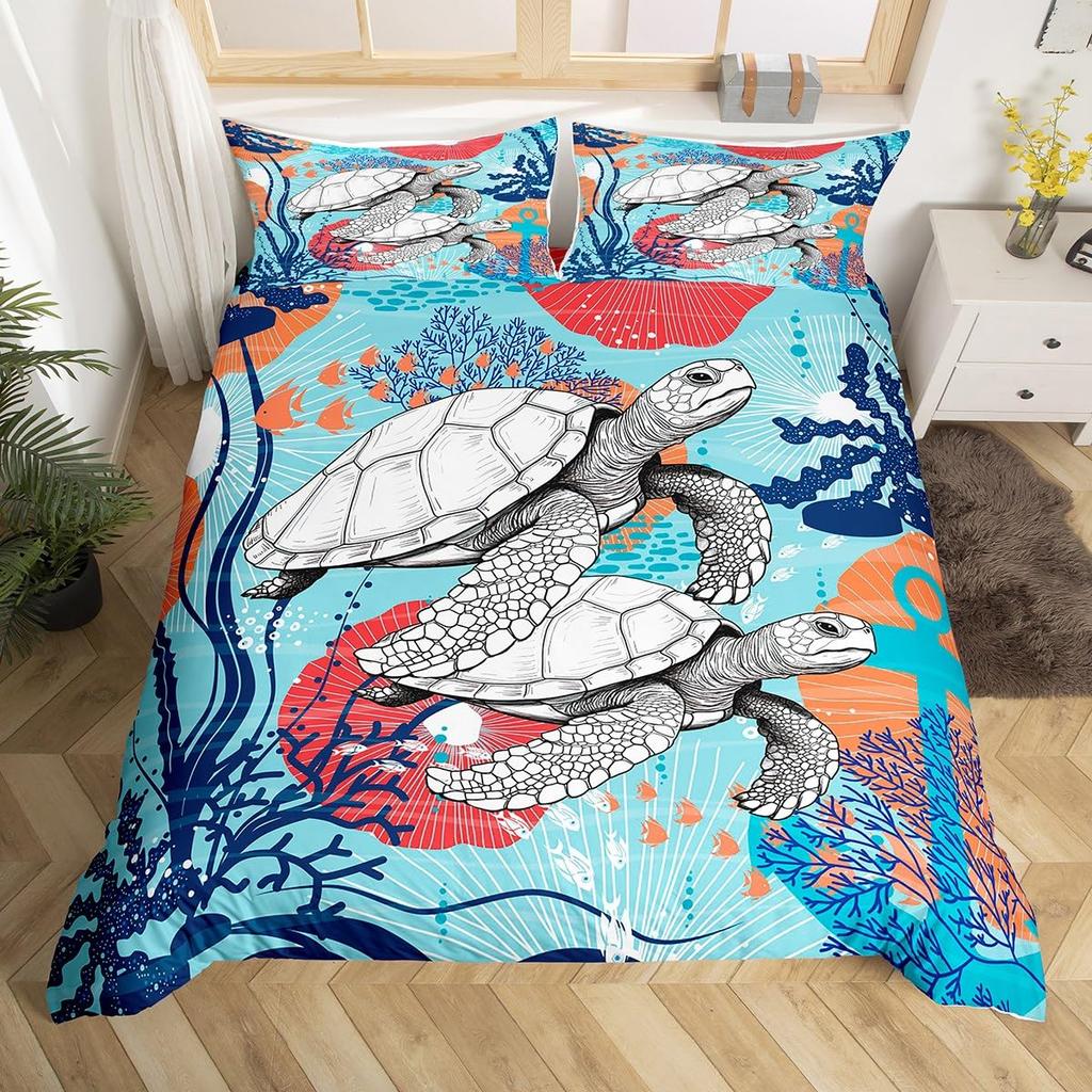 Sea Turtle Duvet Cover 3D Turtle Bedding Set Ocean Marine Theme Comforter Cover For Boys Girls Underwater Animal Pattern Bed Set