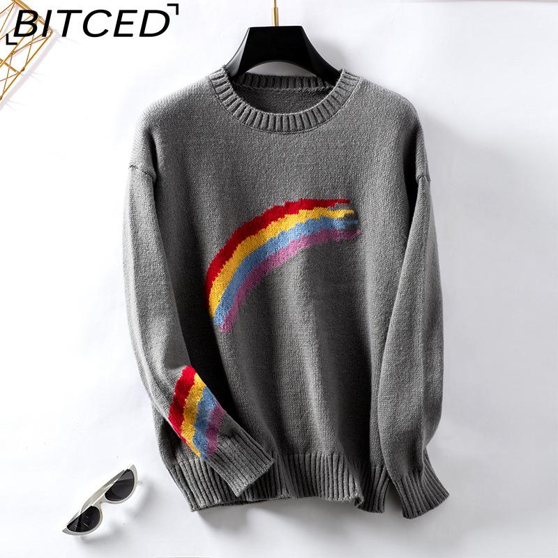 

BITCED Autumn/Winter Women s Fashion Rainbow Stripe Jacquard Knit Jumper XL серый