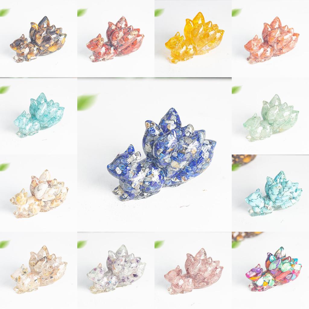 Ninetails Fox Crystal Resin Sculpture With Natural Gemstones For House Office Tabletop Ornament