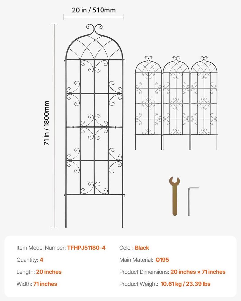 4 Packs Metal Garden Trellis for Climbing Plant Support 71x20 In Rustproof