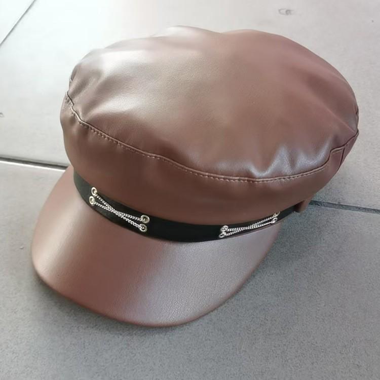 Fashion Women's Beret Hat, Winter Korean Style Leather Peaked Cap, Plain Color Baker Boy Hat for Women