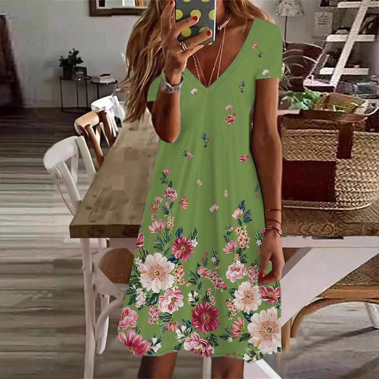 Летняя мода женское платье с V-образным вырезом и коротким рукавом зеленое и красивое — фото 6