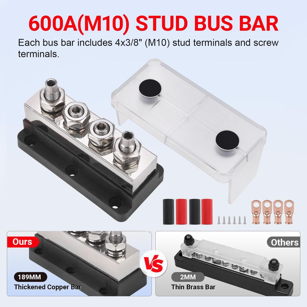 Battery Bus Bar 600A 48V Nickel Plated Copper 4X M10 Studs Heavy Duty Distribution Block For Truck RV Marine Ground Red Black