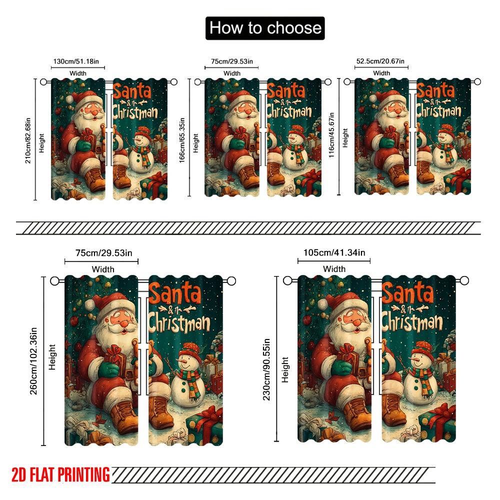 2pcs,2D plane printing Curtain Popular Santa Claus and the Snowman Versatile Polyester Fabric (without rod) Gifts Use for